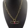 18k Yellow Gold Women's Necklace Paperclip Elongated Link Chain With Pink Stone In The Middle