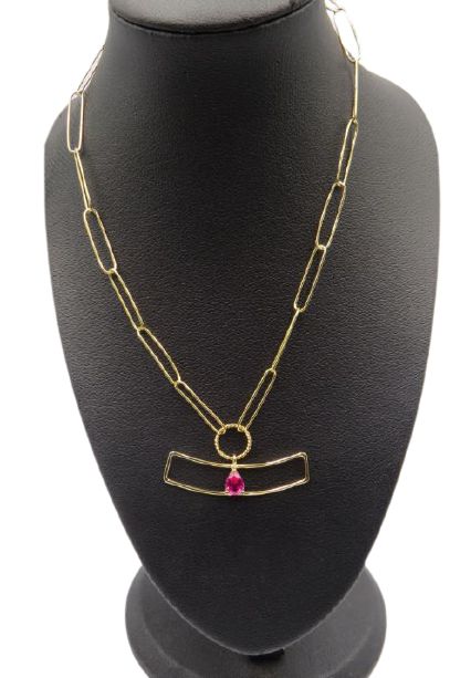 18k Yellow Gold Women's Necklace Paperclip Elongated Link Chain With Pink Stone In The Middle