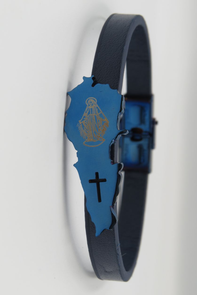 Lebanon Map Virgin Mary Image Black Leather Bracelet