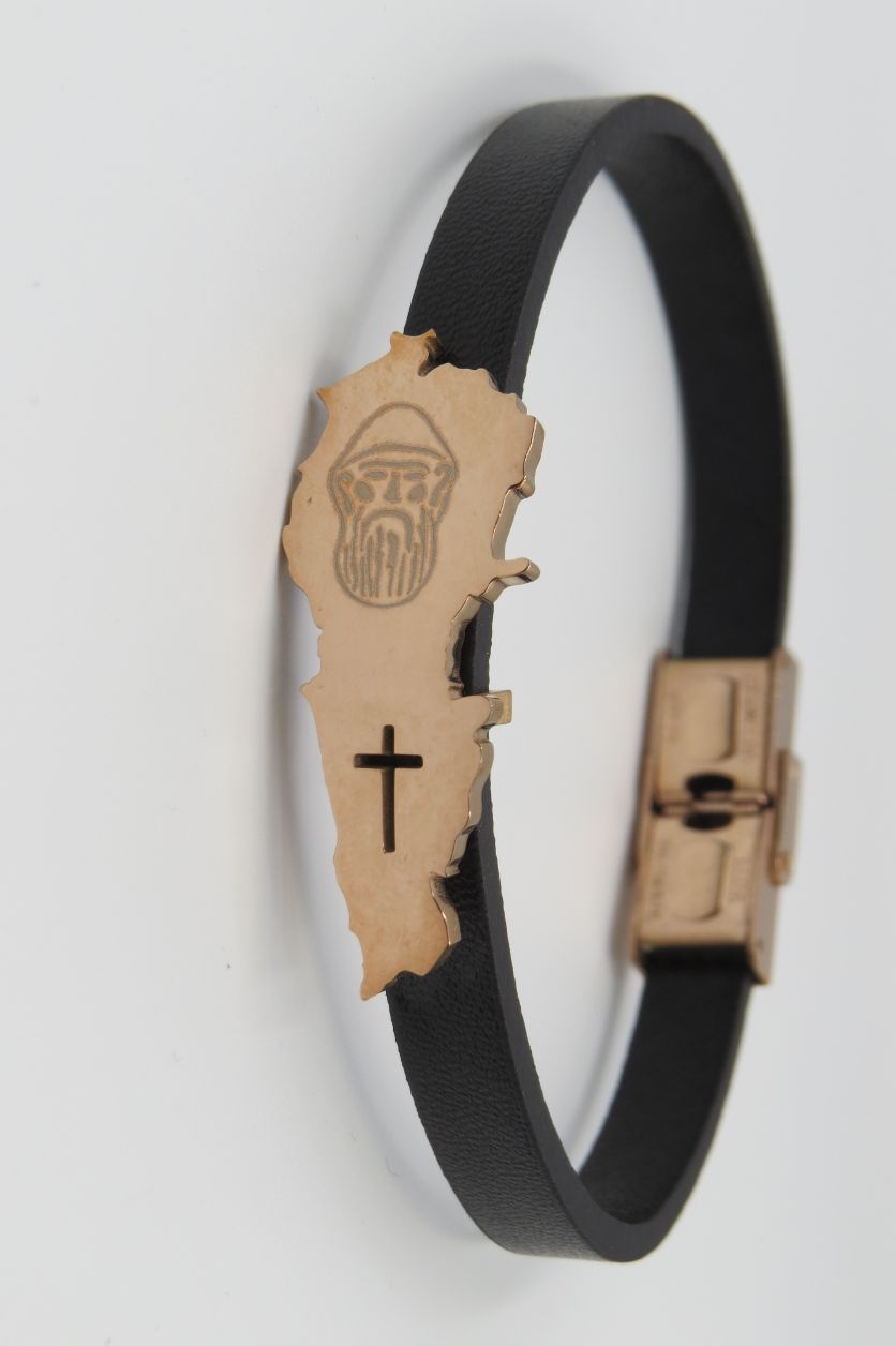Lebanon Map St. Charbel Image Black Leather Bracelet