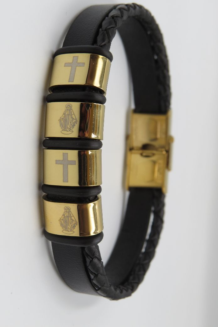 Cross & Virgin Mary Image Double Black Leather Stainless Steel Bracelet