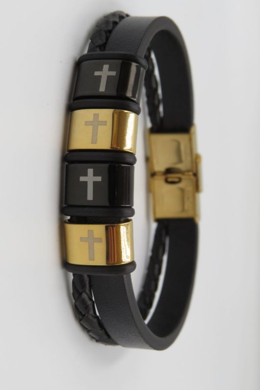 Cross Image Double Black Leather Stainless Steel Bracelet