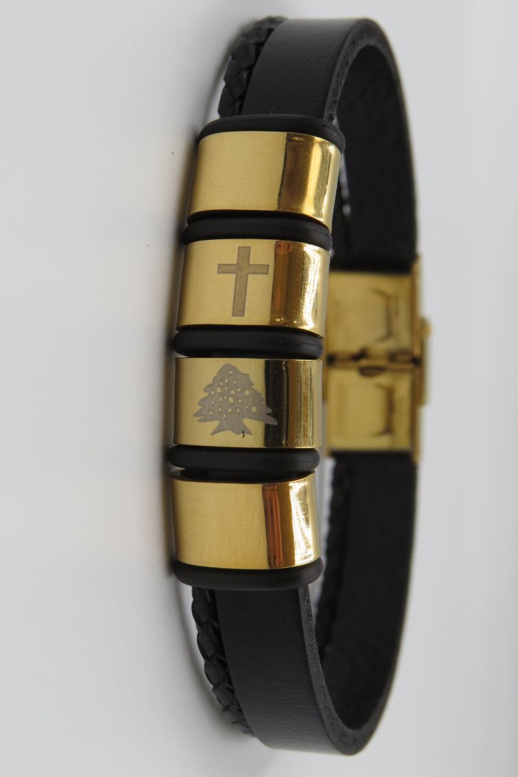 Cross & Cedar Tree Image Double Black Leather Stainless Steel Bracelet