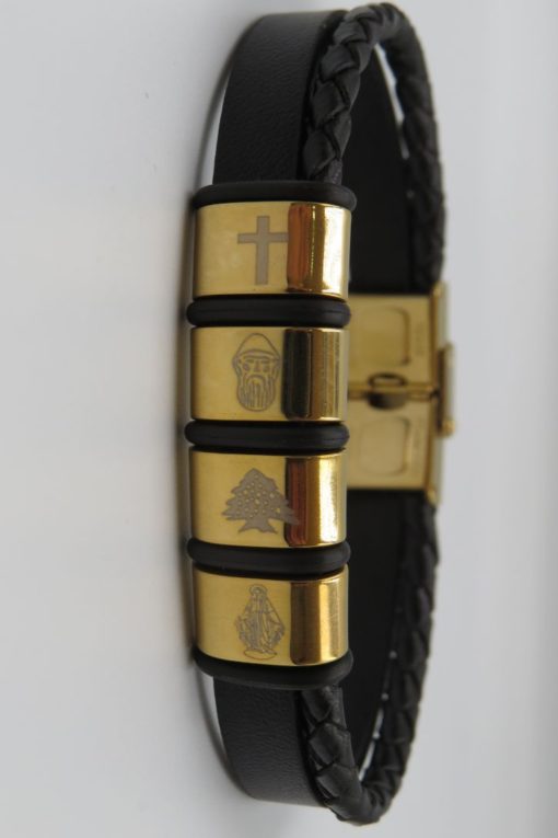 Religious Double Black Leather Stainless Steel Bracelet