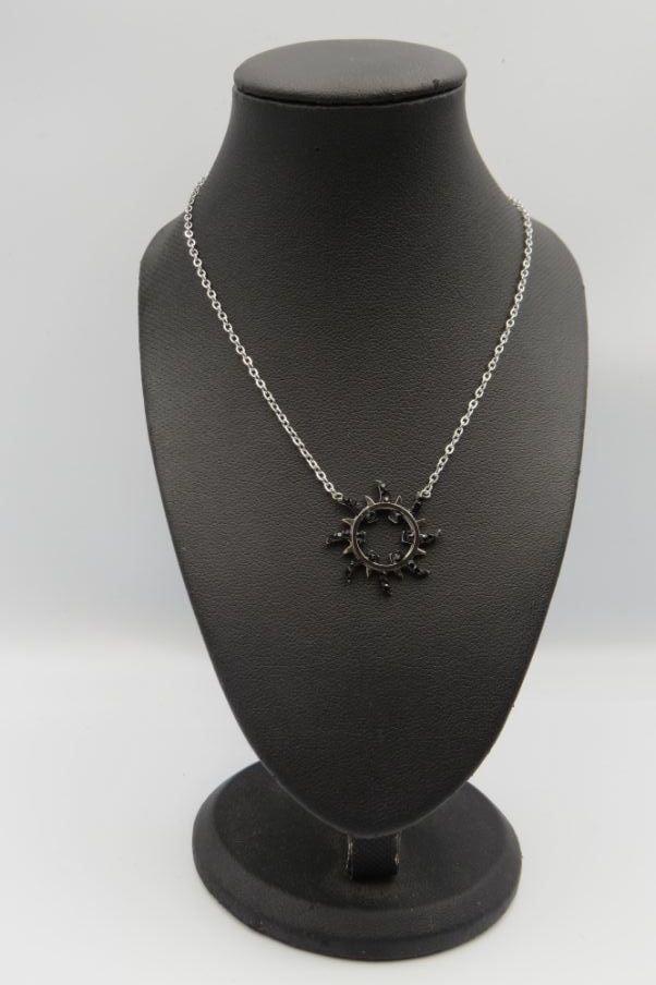 Black Strass Sunburst Pendant Stainless Steel Necklace