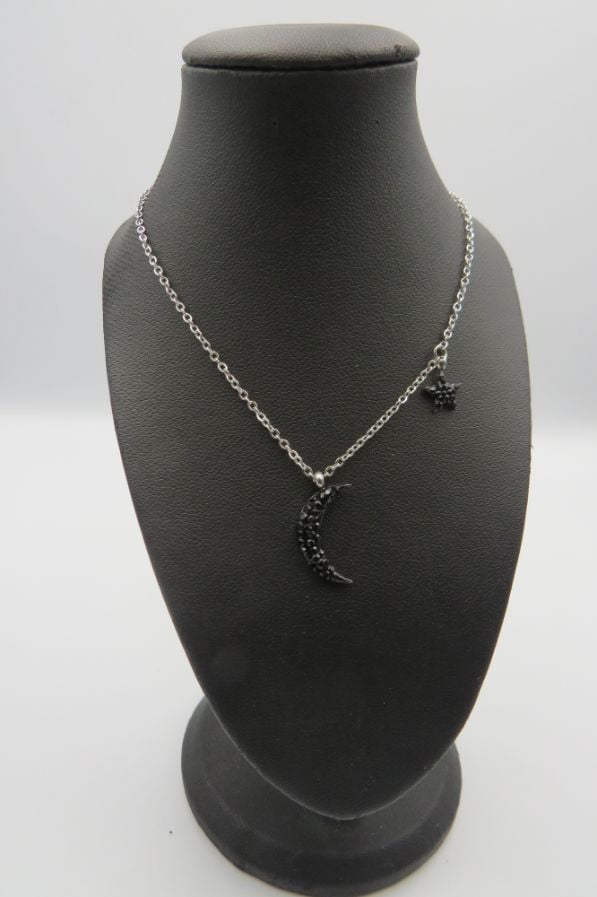 Black Strass Crescent Moon and Star Pendant Stainless Steel Necklace