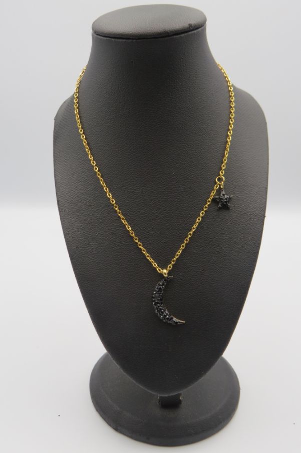 Black Strass Crescent Moon and Star Pendant Stainless Steel Necklace