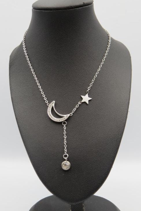 Star & Moon Strass Dangled Stainless Steel Necklace