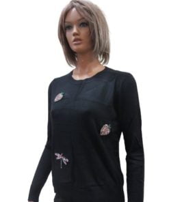 Knit Sweater With Round Collar Decorated With Soft Colored Stones