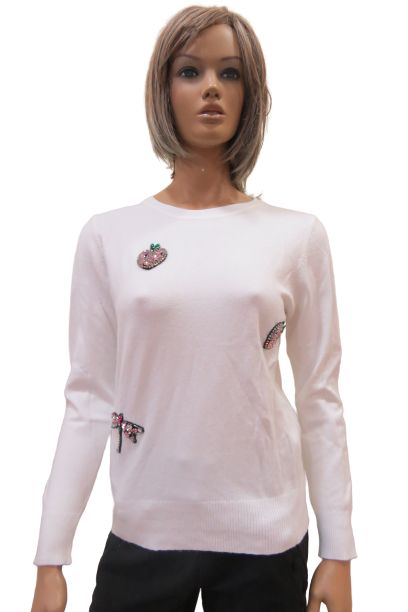 Knit Sweater With Round Collar Decorated With Soft Colored Stones