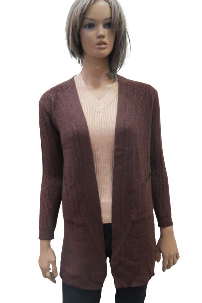 Long Wool Blend Ribbed Cardigan With Front Patch Pockets