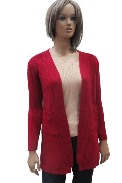 Long Wool Blend Ribbed Cardigan With Front Patch Pockets