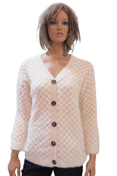Wool Blend Women's Cardigan With A V-Neck And Long Sleeve Ribbed Look
