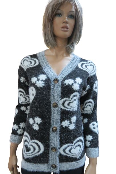 Wool Blend Women's Cardigan With A V-Neck And Different Heart And Flower Shapes