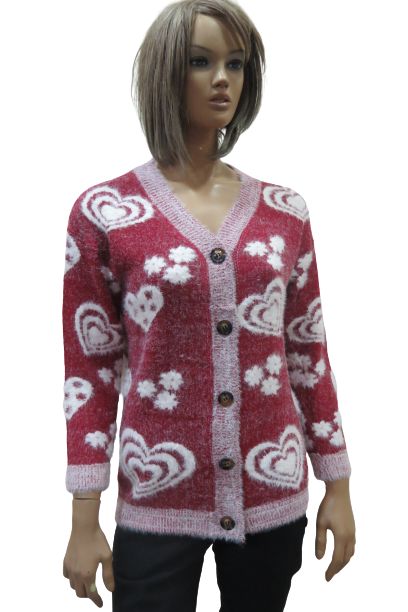 Wool Blend Women's Cardigan With A V-Neck And Different Heart And Flower Shapes