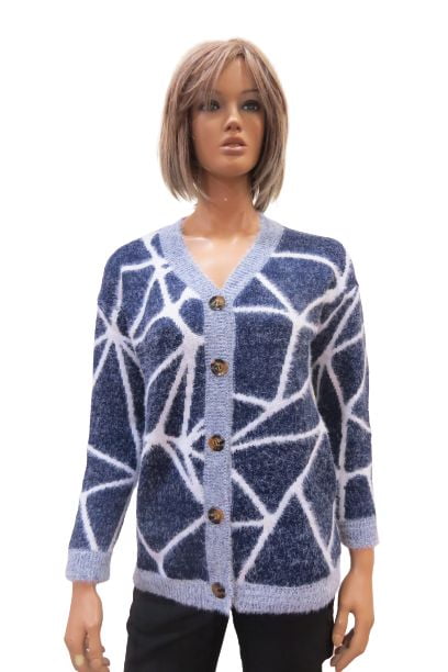 Wool Blend Cardigan With Buttons With Geometric Web Lines