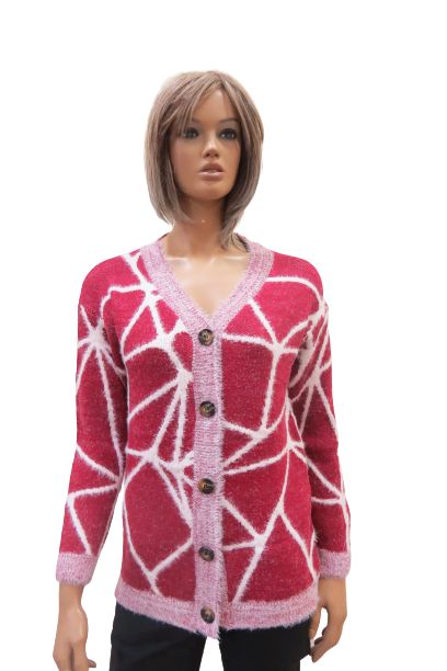 Wool Blend Cardigan With Buttons With Geometric Web Lines