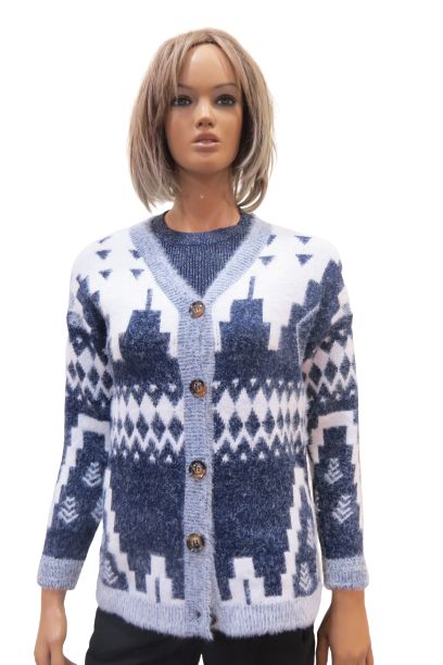 Cardigan With A V-Neck And A Variety Of Linear And Zigzagged Shapes