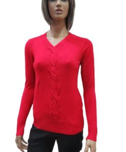 V-Neck Women's Sweater With Braided Line In Middle