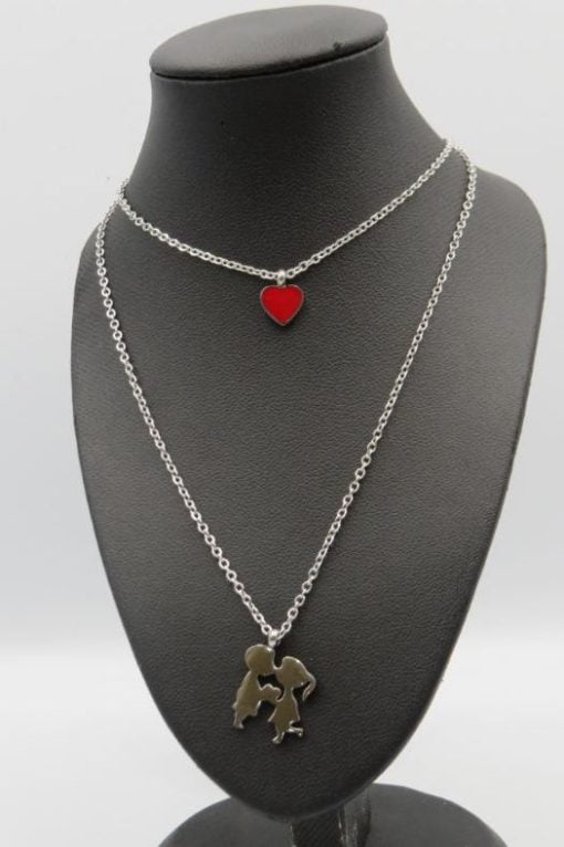 Heart and Couple Double Chain Stainless Steel Necklace