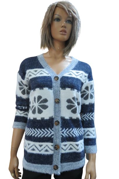 Women's Cardigan With Buttons - A V-Neck And Flower Shaped Forms