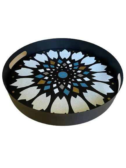 Flower Pattern Hand Painted on Wood Round Metal Tray
