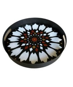 Flower Pattern Hand Painted on Wood Round Metal Tray
