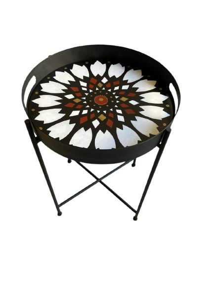 Flower Pattern Hand Painted on Wood Round Tray Top With Metal Base