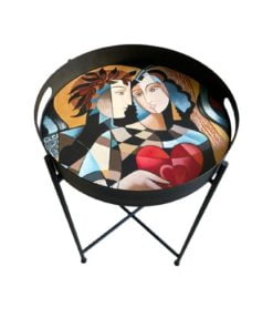 Couple Holding Heart Design Hand Painted on Wood Round Foldable Table Tray