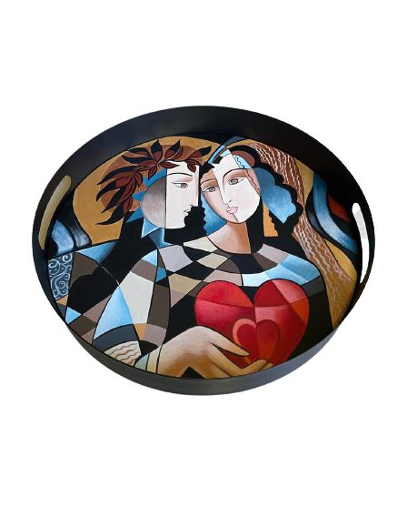 Couple Holding Heart Design Hand Painted on Wood Round Metal Tray