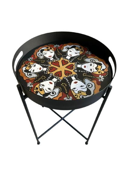 Lady Faces Design Hand Painted on Wood Round Foldable Table Tray Top With Metal Base