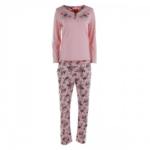 JOANNA Embroidered Henley Long Sleeves Top and Pants Ladies Pajama Set , Light Pink