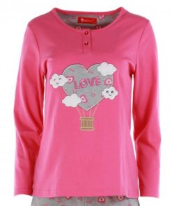 JOANNA Long Sleeves Women's Pyjama Set With Applique Top And Pants With Heart Prints, Dark Pink