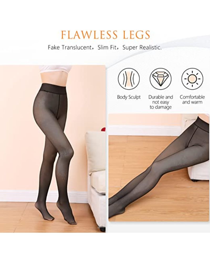 Women's Black Pantyhose Fake Translucent Fleece Legging - Afandee Lebanon