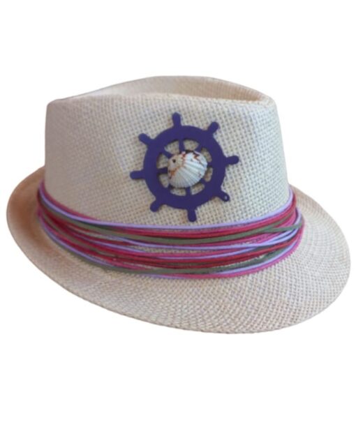 Handmade Beige Straw Hat With Multicolor Strap And Ship Wheel Shape