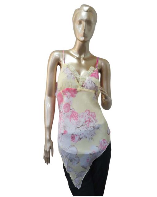 Yellow Floral Lace Trim Asymmetrical Top