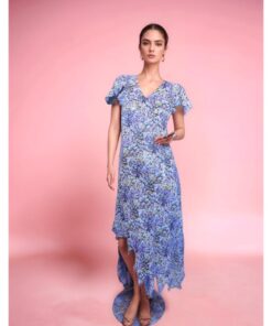V-Neck Asymmetrical Floral Midi Dress with Ruffles