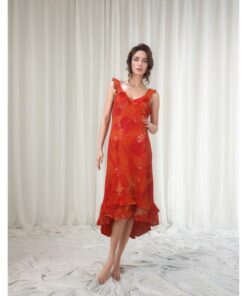 Orange Ruffled Floral Midi Dress