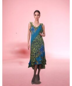 Blue & Green Printed Ruffle Midi Dress