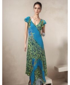 Blue & green Short Sleeves Long Patterned Dress