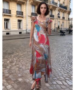 Multicolor Short Sleeves Long Patterned Dress