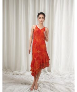 Asymmetric Orange Dress with Floral Prints