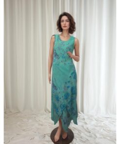 Asymmetric Green Dress with Delicate Floral Prints