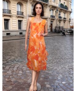 Orange Midi Dress with Ruffles & Floral Print