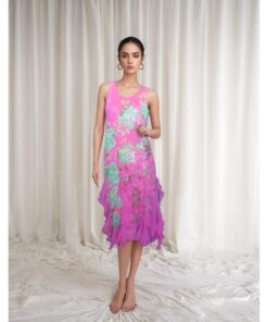Pink Midi Dress with Green Floral Print