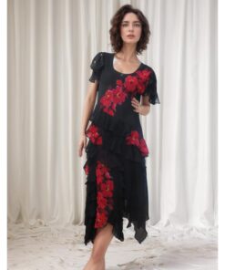 Elegant Black Ruffled Floral Dress with Red Accents