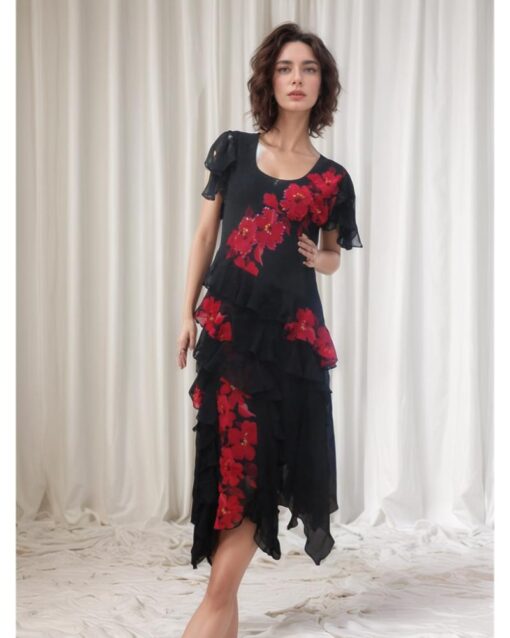 Elegant Black Ruffled Floral Dress with Red Accents