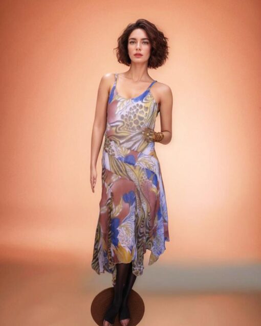 Asymmetrical Long Dress with Nature Prints