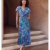 Blue & green Floral Short Sleeves Long Dress
