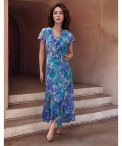 Blue & green Floral Short Sleeves Long Dress